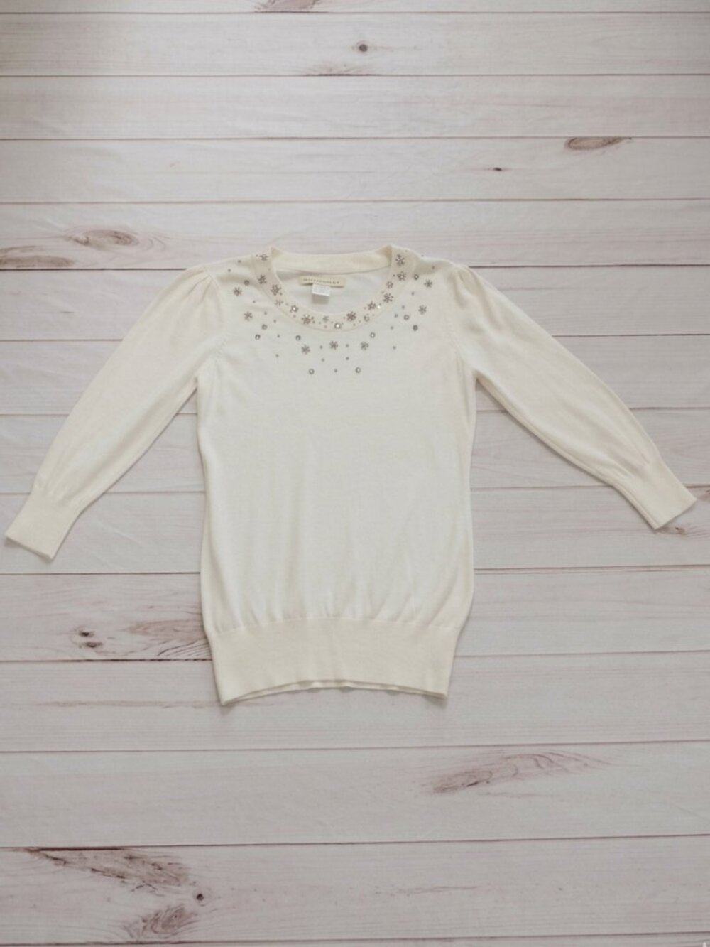 Debbie Morgan Ivory Embellished Beads Snowflake Angora Blend Sweater Medium NWOT
